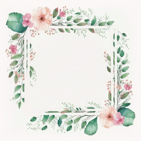 Hexagon frame of pink flower and green leaves with leave watercolor painting isolated on white background. Theme of vintage minimal art design in geometric. Finest generative AI.の素材
