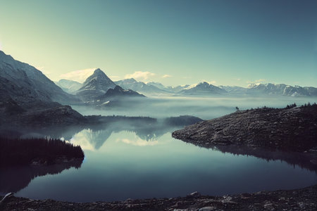 Beautiful scenery mountain landscape and mountain range in background with mist over the large lake. Natural tranquility with alpine concept. Superb Generative AI.の素材