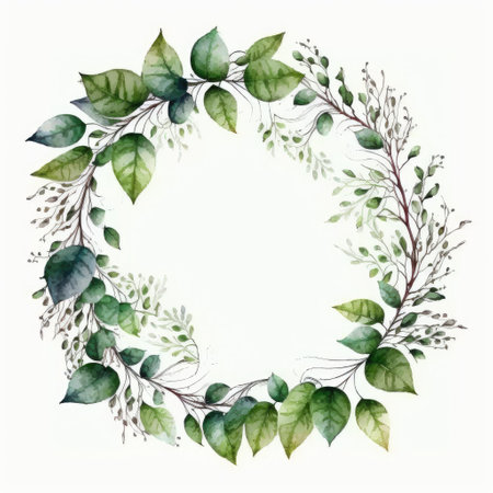 Circle frame of green leaves with watercolor painting with watercolor painting isolated on white background. Theme of vintage minimal art design in geometric. Finest generative AI.の素材