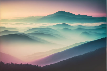 Abstract of colorful mountains in the sun light of dawn or dusk environment. Concept of beautiful pastel misty and fog background in the forest landscape. Finest generative AI.の素材