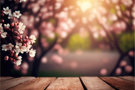 Focus empty wood table in blossom cherry flower with blurred natural tree background. Concept of blank space for advertising product. Finest generative AI.の素材