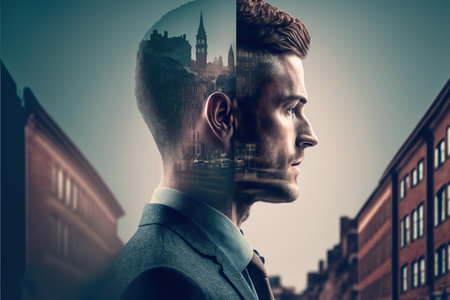 Ambitious businessman portrait plan financial or real estate strategy with wondrous double exposure urban cityscape skyscraper background as concept for commercial district concept by Generative AI.の素材