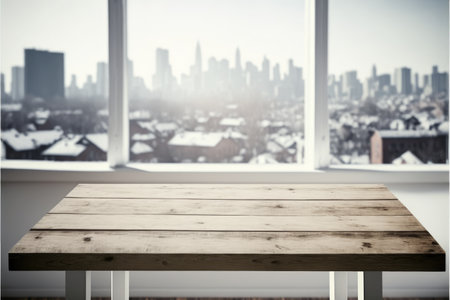 Empty wooden table in front of blurry background overlooking through large window. Concept of outside warm light skyscraper view. Finest generative AI.の素材