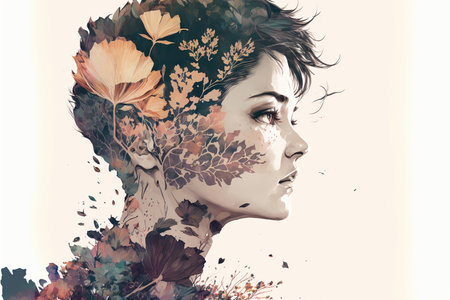 Wondrous double exposure portrait of woman in hand-painted style with watercolor of acrylics, featuring of natural decorative beautiful flowers on her head by Generative AI.の素材