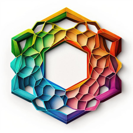Empty hexagon frame on white background. Concept of overlapped mystery colorful watercolor box. Finest generative AI.の素材