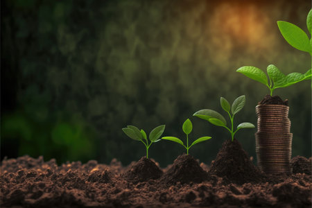 Saving concept by growing plants on coin stack isolated on blur landscape background. Theme of glowing young plant from seed in the forest. Finest generative AI.の素材