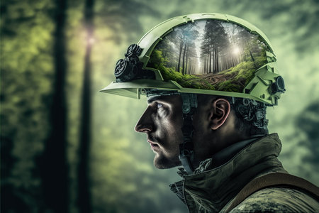 Wondrous double exposure of agronomist wearing hardhat with natural forest landscape and greenery tree as concept of sustainability energy and environmental engineering technology by Generative AI.の素材