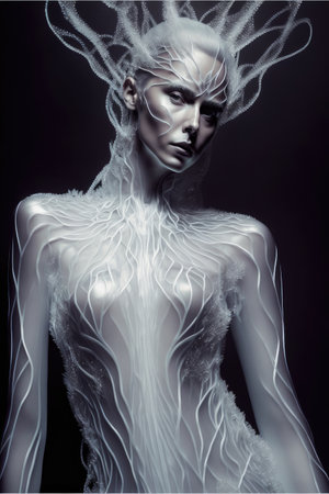 Abstract luxurious fashion design in jumpsuit. Abstract in luxury of haute couture in silicone pattern of cloth with body shape. Finest generative AI.の素材