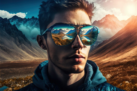 Sunglasses mirrored reflection of the wondrous mountain path and sunny sky portrayed by hiker man in natural adventurous and nature exploring concept by Generative AI.の素材