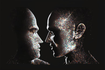 Surrealistic human face created by arrayed pixel particles face forming in glistering futuristic. Inspiration of split body composite digital graphic art design innovation. Finest generative AI.の素材