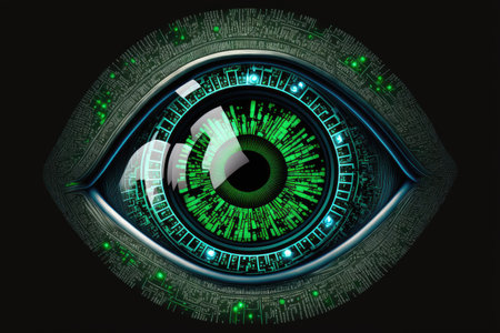 Abstract technology computer art in eyesight from circuit board ship neon light. Concept of scanning by eyeball analysis database. Finest generative AI.の素材