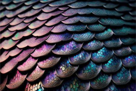 Abstract art of dragon skin in seamless iridescent fantasy scales pattern design. Closeup intricate hyper realistic beautiful animal skin. Finest generative AI.の素材