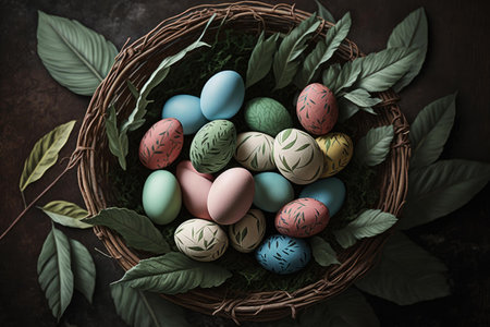 Easter eggs in basket. Colorful Easter festival celebration. superlative generative AI image.の素材