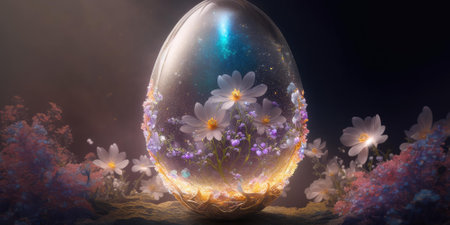 Fantastic shimmering transparent opal egg with inner magic flowers. superlative generative AI image.の素材