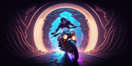 A time traveler riding motorcycle through time machine. superlative generative AI image.の素材
