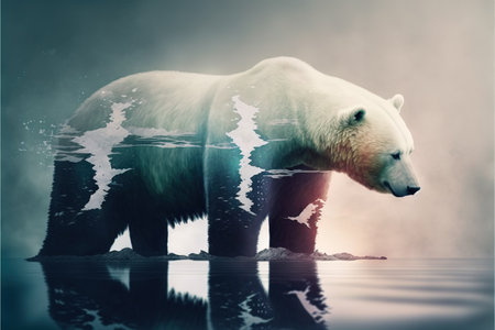 image shown by polar bear suffer due to melting ice caused by the impact of climate change on double exposure of global warming turning arctic hotter in background. Superb Generative AI.の素材