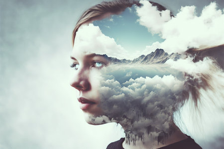 Double exposure image of woman portrait with the sky and cloudscape for peaceful mind and psychological tranquility concept. Meditative and mental ability abstract art. Superb Generative AIの素材