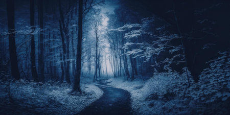 Blue monochrome color haunted path in dark forest. superlative generative AI image.の素材