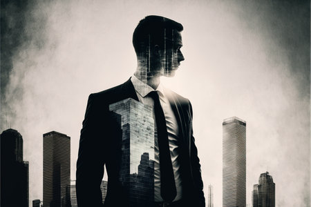Ambitious businessman in black suit-clad profile with background residential city highrise buildings in double exposure, Successful businesspeople with strategic plans. Superb Generative AI.の素材