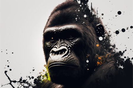 Male gorilla with powerful shoulder and strength with calmly look, large monkey in double exposure with jungle of africa as concept of animal art. Superb Generative AI.の素材