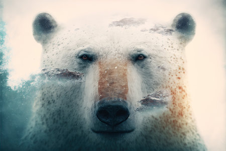 image shown by polar bear suffer due to melting ice caused by the impact of climate change on double exposure of global warming turning arctic hotter in background. Superb Generative AI.の素材
