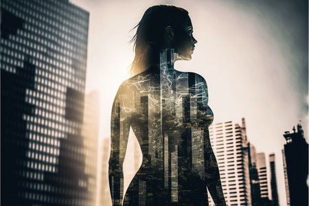 Ambitious businesswoman in black suit-clad profile with background residential city highrise buildings in double exposure, Successful businesspeople with strategic plans. Superb Generative AI.の素材