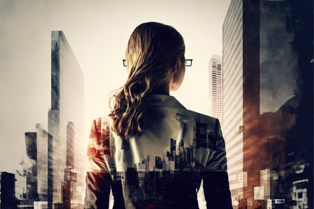 Ambitious businesswoman in black suit-clad profile with background residential city highrise buildings in double exposure, Successful businesspeople with strategic plans. Superb Generative AI.の素材