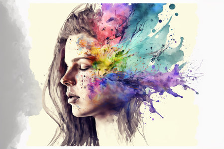 Woman with vivid watercolor explosion on her head as symbol for inner stress and negative though for intense splashing emotion mental health in modern abstract art design. Superb Generative AI.の素材