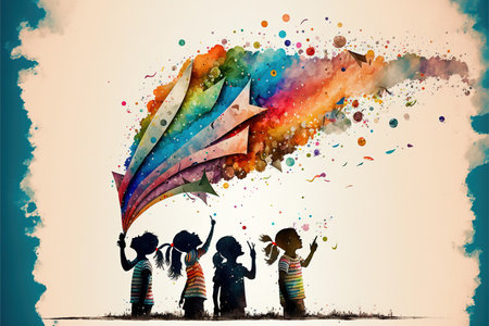 Imagination and artistic ability of children in creative abstract painting with rainbow clouds and sky of. Educational and learning for a child artwork concept. Superb Generative AI.の素材