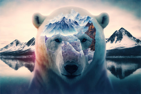 image shown by polar bear suffer due to melting ice caused by the impact of climate change on double exposure of global warming turning arctic hotter in background. Superb Generative AI.の素材