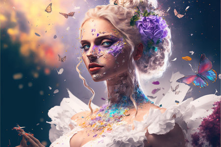 Realistic and highly graphic detail of bride like goddess portrait with flower bouquet hairstyle, wearing elegance and beautiful angelic white dress with wings. Superb Generative AI.の素材