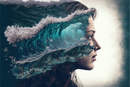 Double exposure woman portrait with natural freshness of seascape and ocean background for sense of peaceful tranquility concept. Meditative and mental ability abstract art. Superb Generative AIの素材