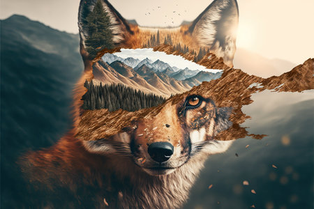 Contemporary abstract artwork double exposure of red fox and forest landscape design, concept of animal and natural wilderness adventure. Superb Generative AI.の素材