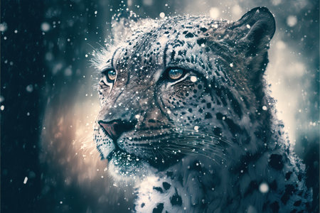 White leopard face in snow winter forest, predator in the wilderness. Creative artwork of wildlife animal. Superb Generative AI.の素材