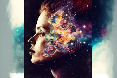 Double exposure image of woman portrait with the void of space and universe with stars for state of mind and psychological concept. Meditative and mental ability abstract art. Superb Generative AIの素材
