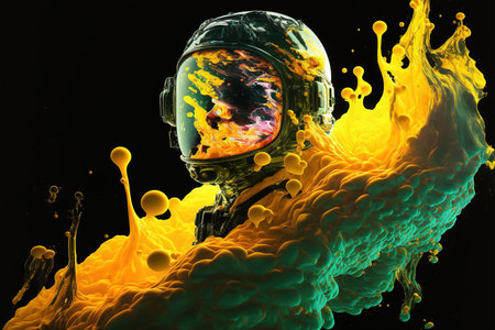 Contemporary abstract artwork of astronaut in space suit floating in the vastness of deep space and yellow fluid or smoke. Cosmic exploration or travel in state of mind concept. Superb Generative AI.の素材