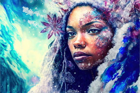 Fantasy winter goddess as spirit of northern pagan as a symbol of both beauty and power in magical design, African princess wrapped in a flowing gown of icy blue and white. Superb Generative AIの素材