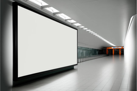 Blank advertising billboard in a large-scale square size in modern hallway. Concept of the media mounting with empty wall background. Finest generative AI.の素材