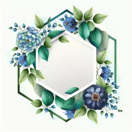 Hexagon frame of blue flower and green leaves with watercolor painting isolated on white background. Theme of vintage minimal art design in geometric. Finest generative AI.の素材