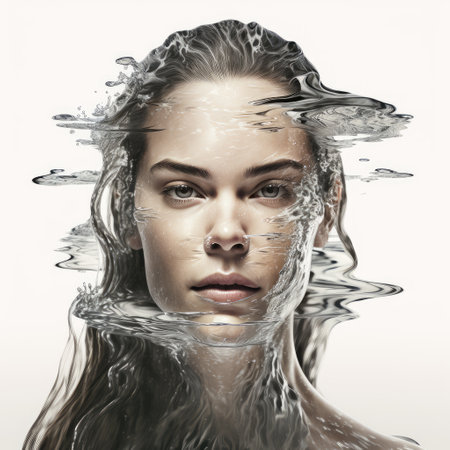 Abstract art in beautiful face woman in underwater seascape concept. Concept of closeup makeup face in swirl water design. Finest generative AI.の素材