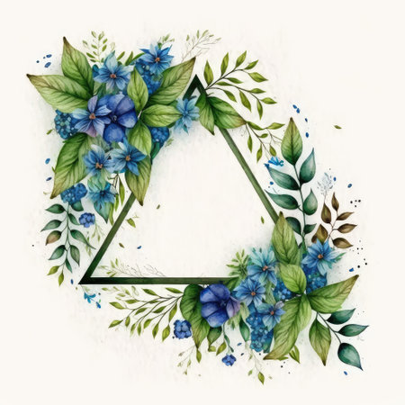 Triangle frame of blue flower and green leaves with watercolor painting isolated on white background. Theme of vintage minimal art design in geometric. Finest generative AI.の素材