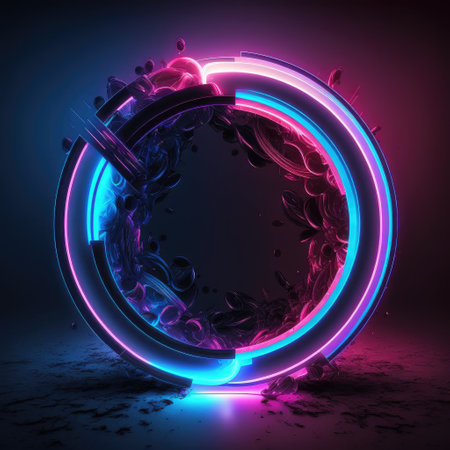 Overlapped Lightning neon magical round effecting on black background. Reflection of glowing digital abstract portal effect on cyberpunk concept. Finest generative AI.の素材