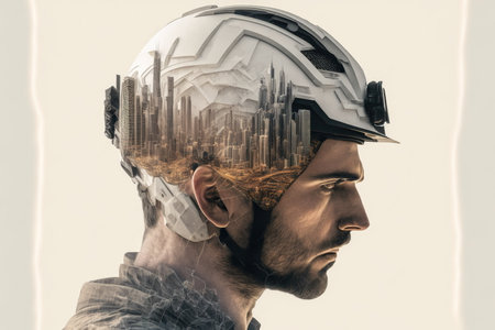 Civil engineer portrait as concept for building construct by professional with hardhat helmet engineer with wondrous double exposure of cityscape, urban with background of skyscraper by generative AIの素材