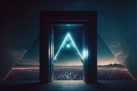 The world revolution of through triangle modernism future portal. Background of skyscraper with moon spotlight. Finest generative AI.の素材