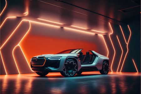 Neon racing sport car demonstrated innovative showroom. Concept of futuristic electrical alternative energy vehicle. Finest generative AI.の素材