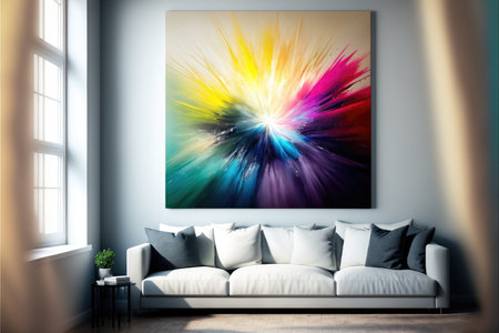 Abstract art of exploding vibrant multicolored frame. Concept of fantastic splatted colored powder. Finest generative AI.の素材