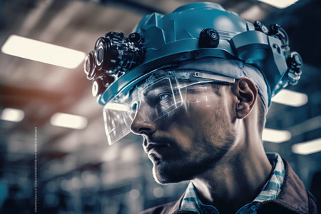 Technological engineer portrait ensuring high-quality and precise production quota on factory assembly line in wondrous double exposure. Manufacturing engineering technology concept by Generative AI.の素材