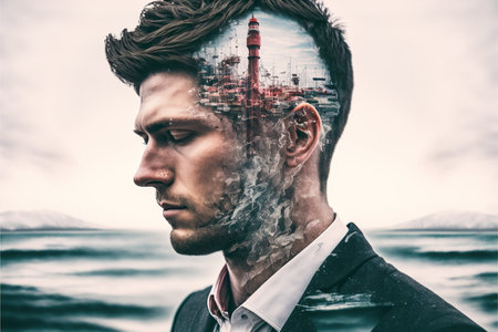 Wondrous visually businessman wearing black suit portrait and offshore oil rig double exposure as concept of modern petroleum and gas exploration and extraction in the sea by Generative AI.の素材