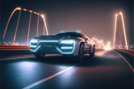Cyber neon driving green power sport car with hybrid technology automotive. Concept of light glowing on dark city view in night life. Finest generative AI.の素材