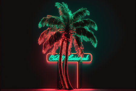 Creativity by neon palm isolated black background with reflective light. Concept of colorful and multicolored florescent lighting tree. Finest generative AI.の素材